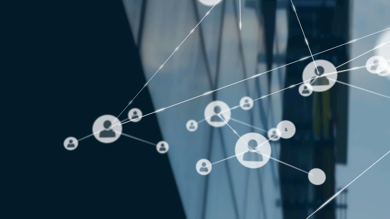 현대적인 건물 위의 아이콘과 연결 네트워크의 애니메이션