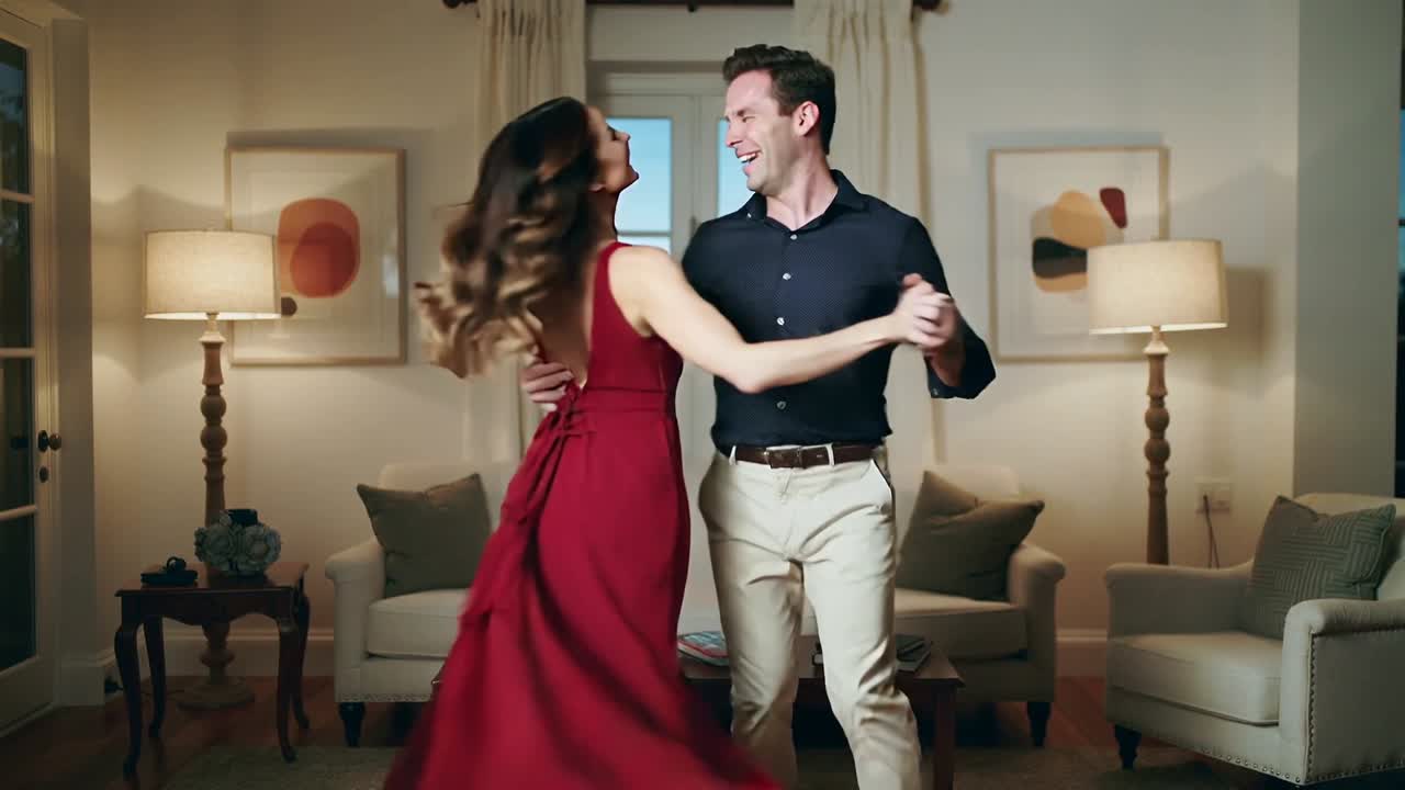 Coppia che balla nel soggiorno, l'uomo avvia una piroetta, il vestito rosso fluttua, condividendo uno stile di vita romantico.