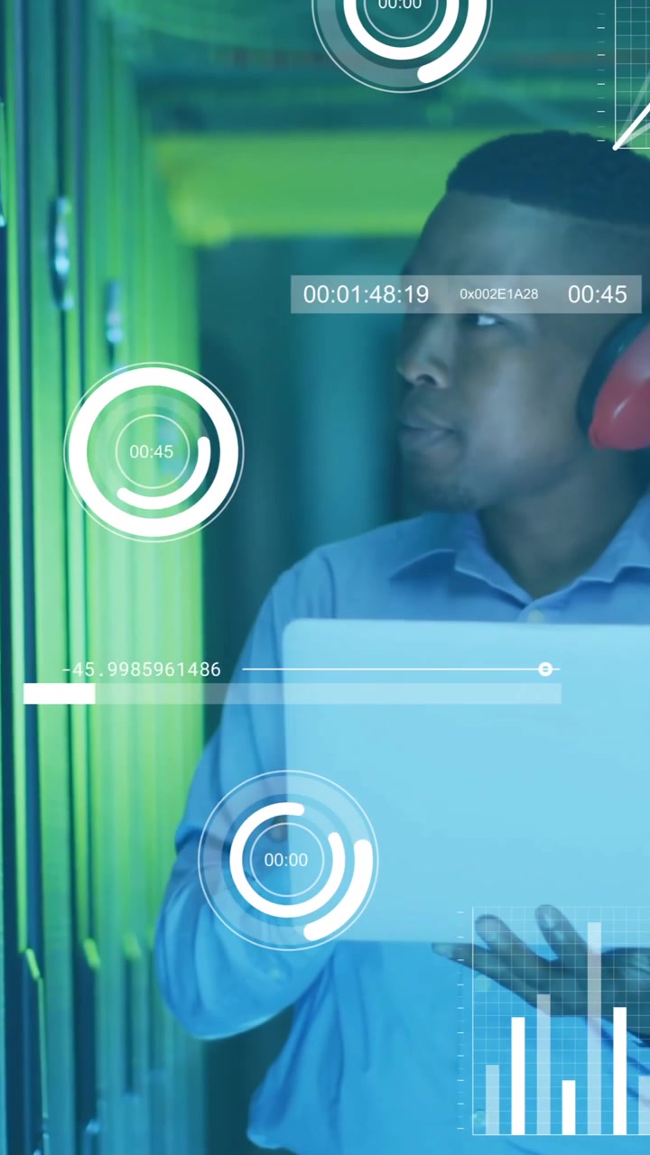 Animation of financial data processing over african american businessman working in server room