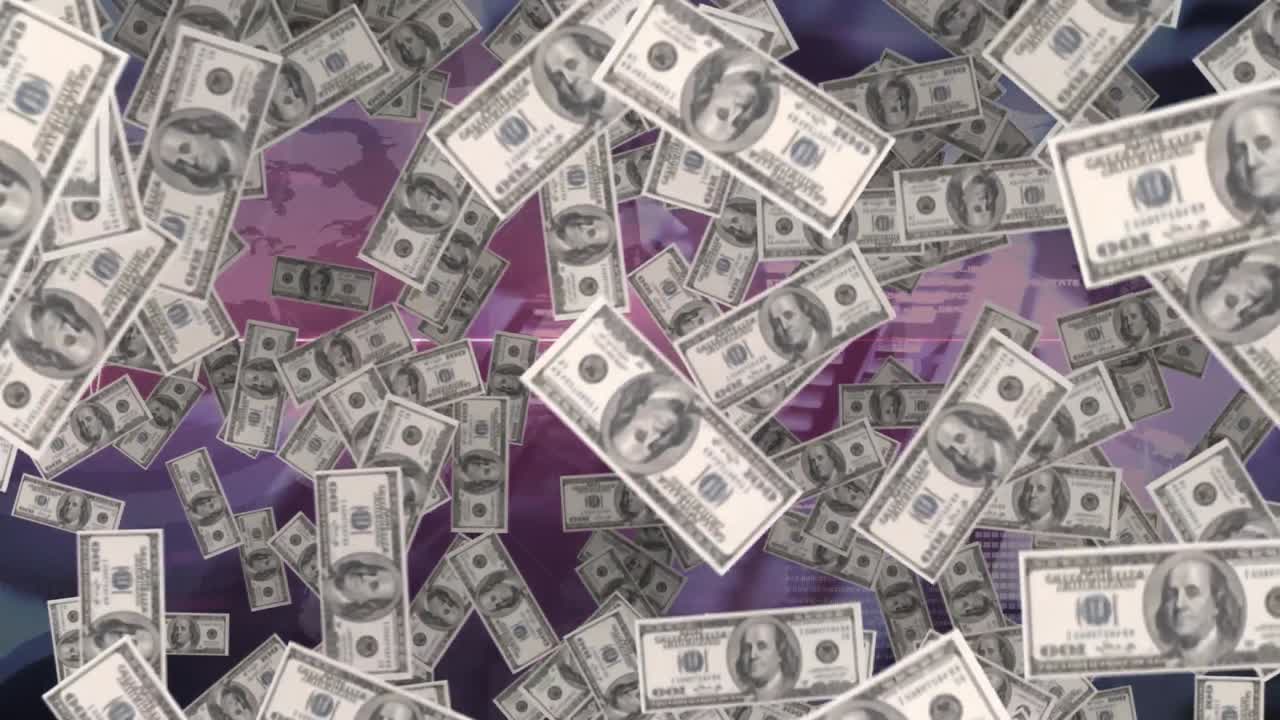 animación de billetes de dólares estadounidenses flotando sobre un monitor de frecuencia cardíaca y un globo terráqueo