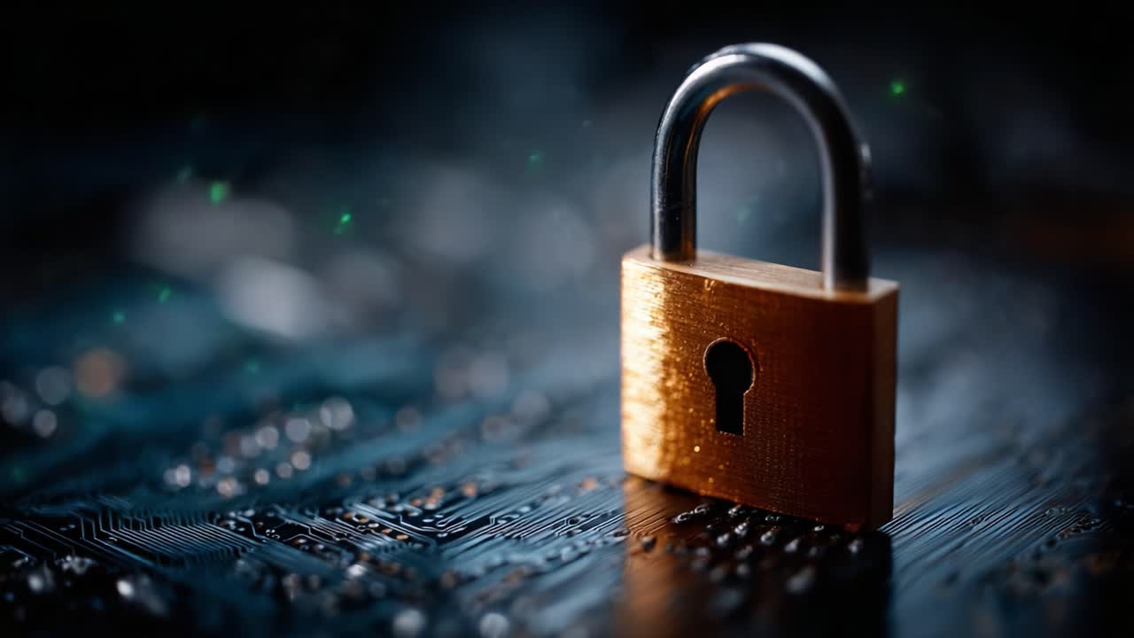 Exploring the Intricacies of Cybersecurity: A Detailed Representation of a Lock on a Circuit Board, Symbolizing Protection in the Digital Realm