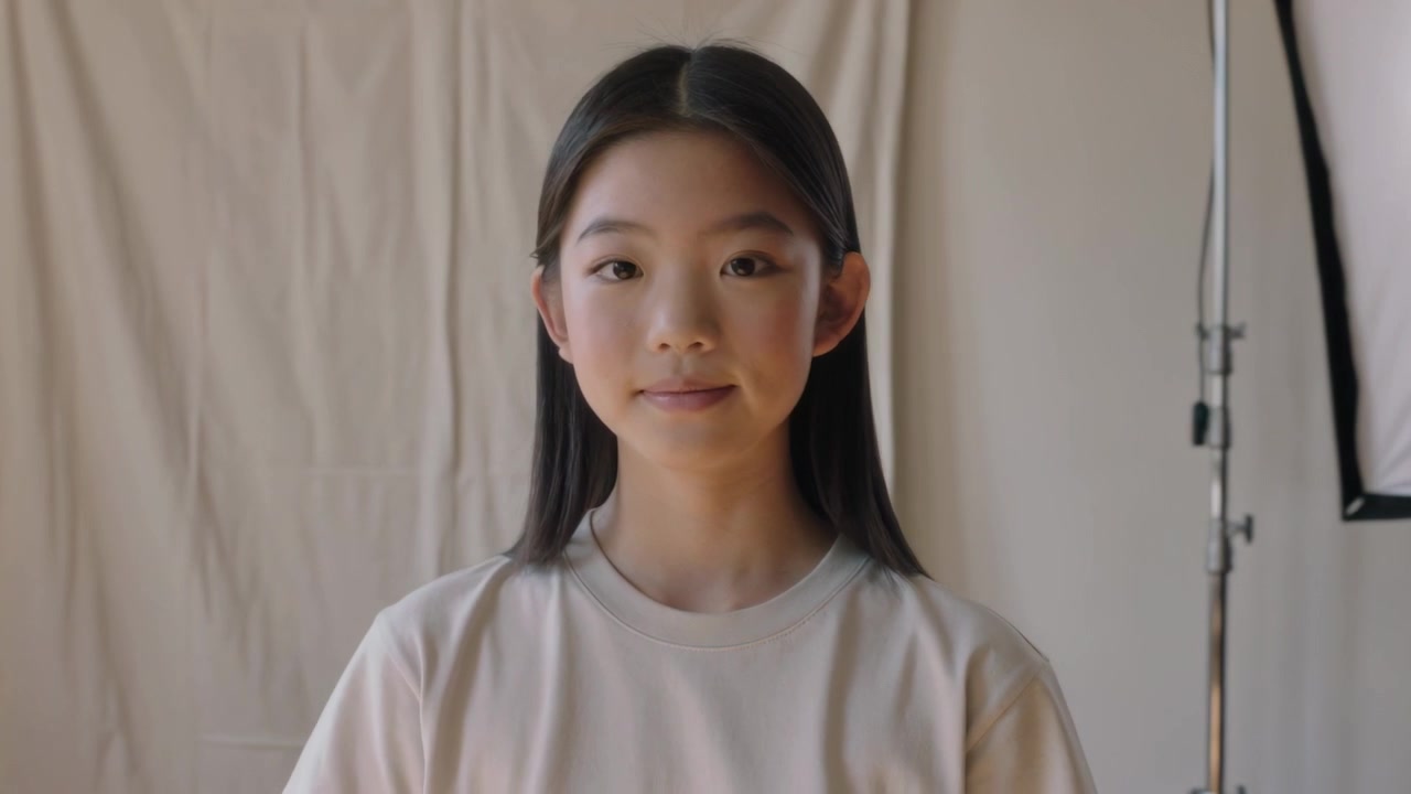 亚洲少年睁开眼睛，面带微笑，窗光洒落在其身后的柔光箱背景前。