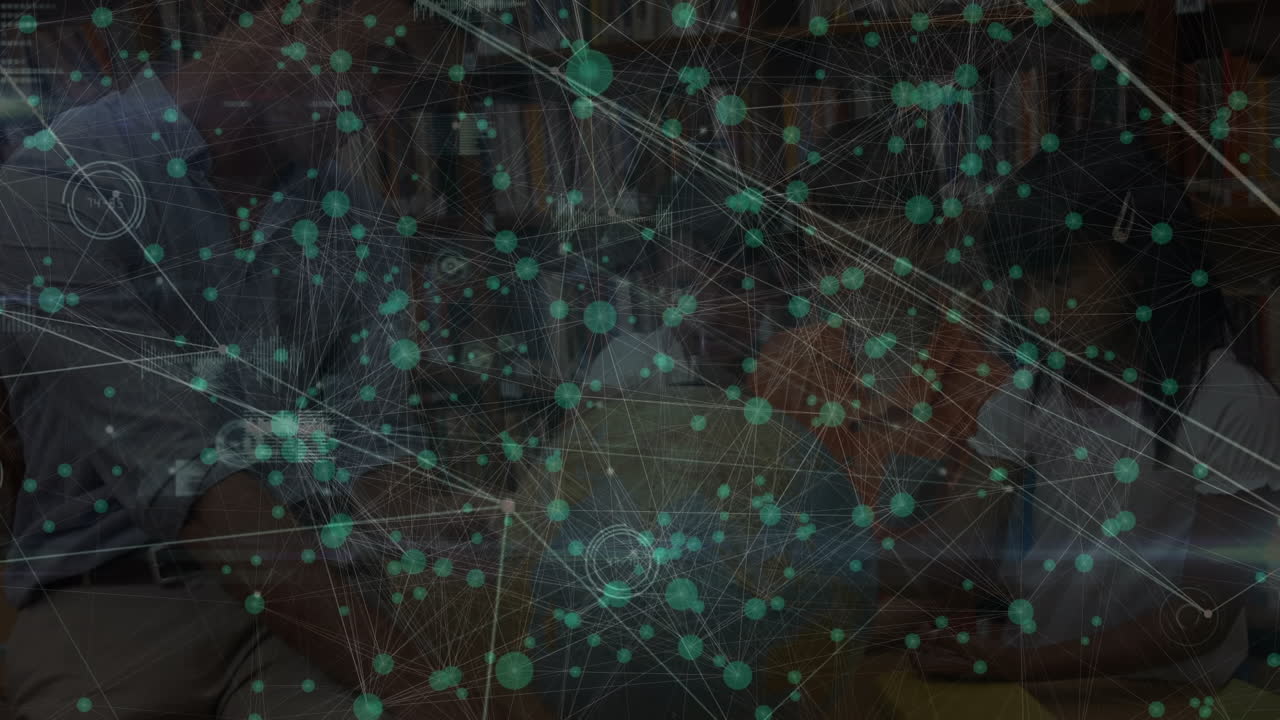 Animation of network of connection with data processing over diverse pupils in classroom