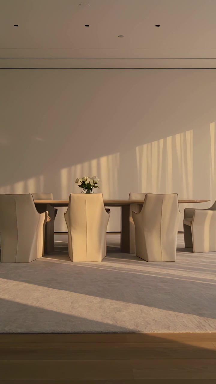 Video verticale: Luce solare che si sposta mentre il sole si muove sopra il muro, illuminando tavolo, sedie e vaso in casa.