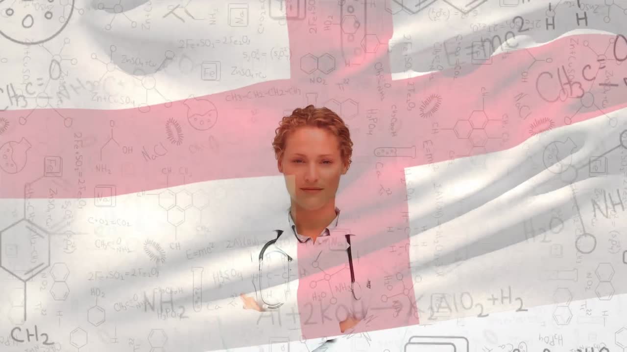 화학 구조와 영국  ⁇ 발을 흔드는 백인 여성 의사의 초상화