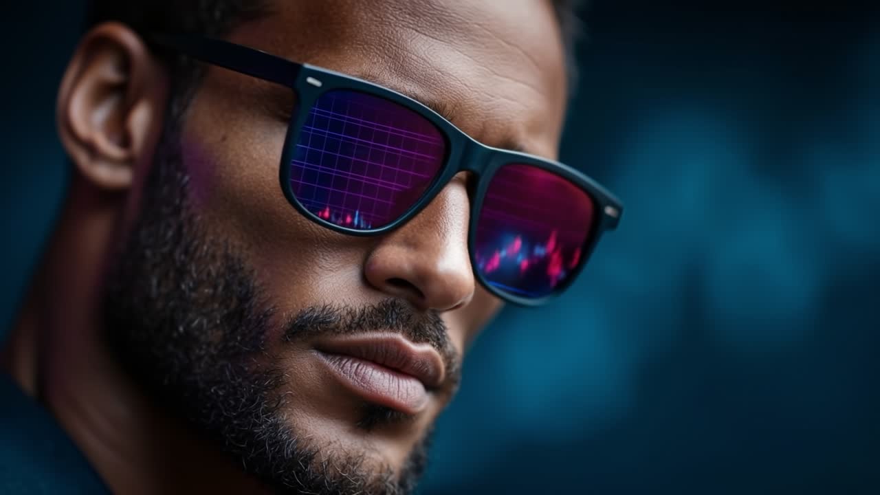 Uomo elegante che indossa occhiali da sole con motivo digitale su uno sfondo bokeh blu per un concetto di tecnologia