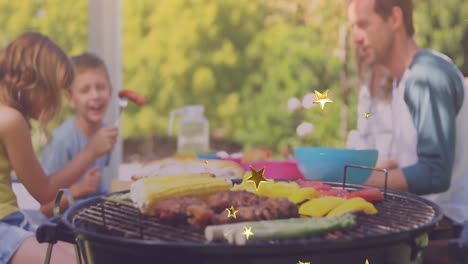 animación de estrellas sobre familia caucásica sonriente teniendo barbacoa y hablando