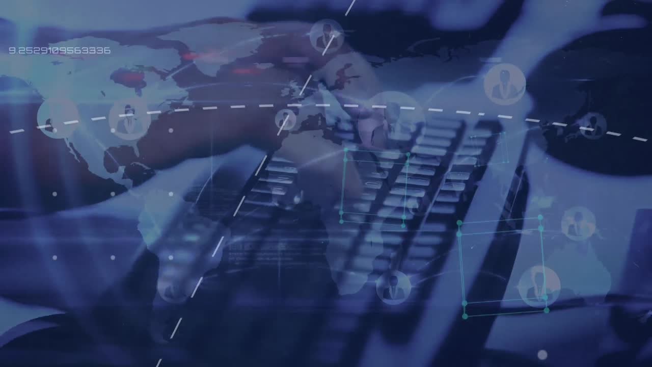 파란색 배경에 세계 지도와 컴퓨터 키보드를 가진 연결 네트워크의 애니메이션