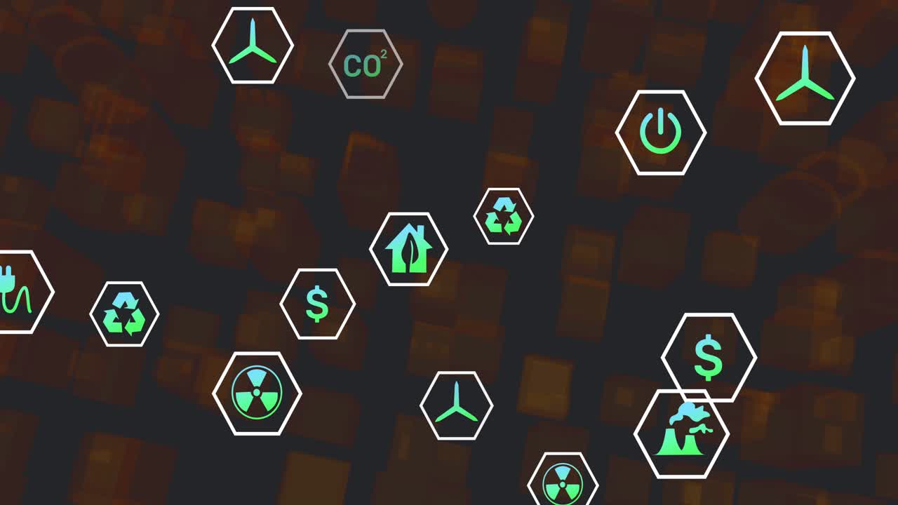 Animation af øko-ikoner og databehandling på mørk baggrund.