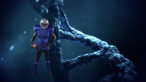 Animation-Eines-DNA-Strangs,-Der-Sich-über-Einem-American-Football-Spieler-Dreht