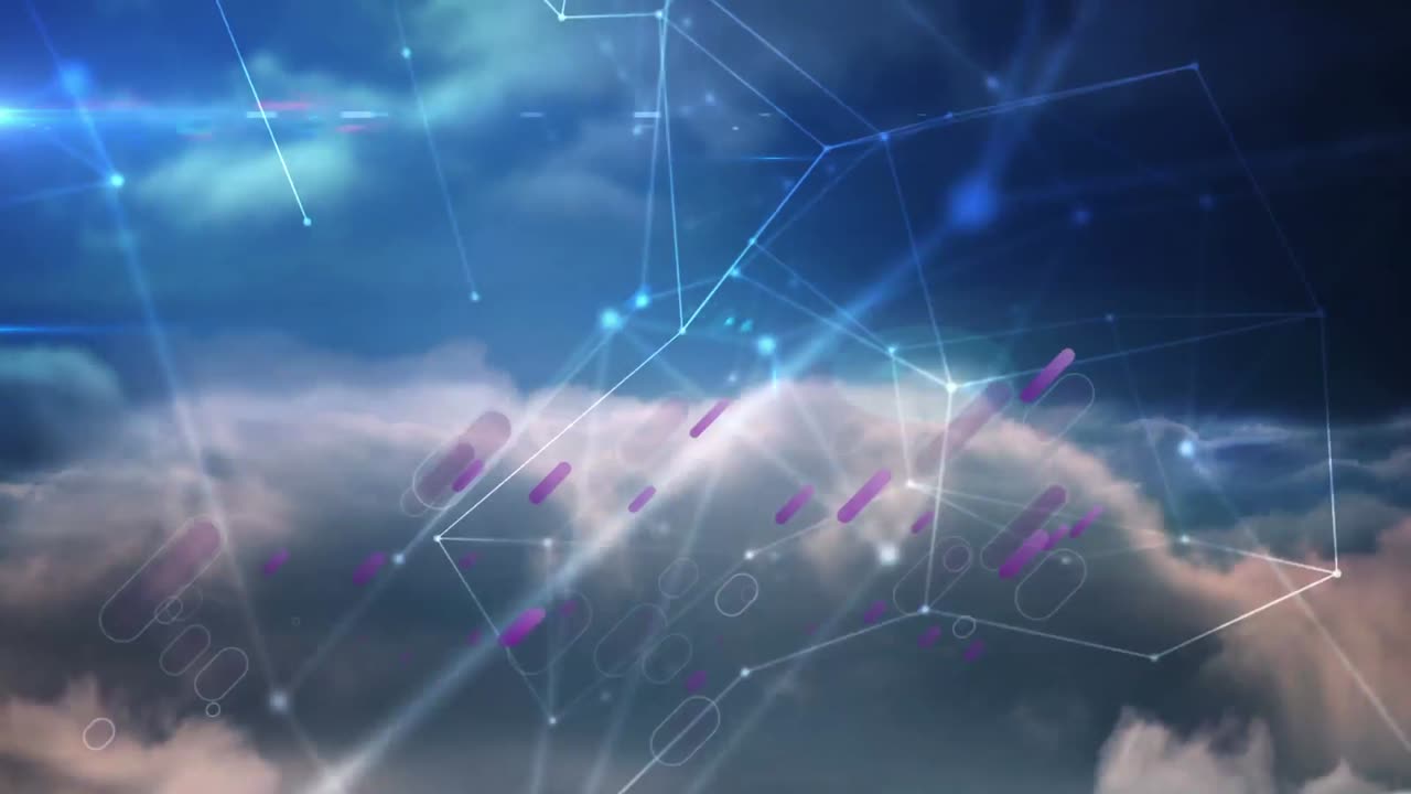 Animation of purple lines and network of connections over sky with clouds