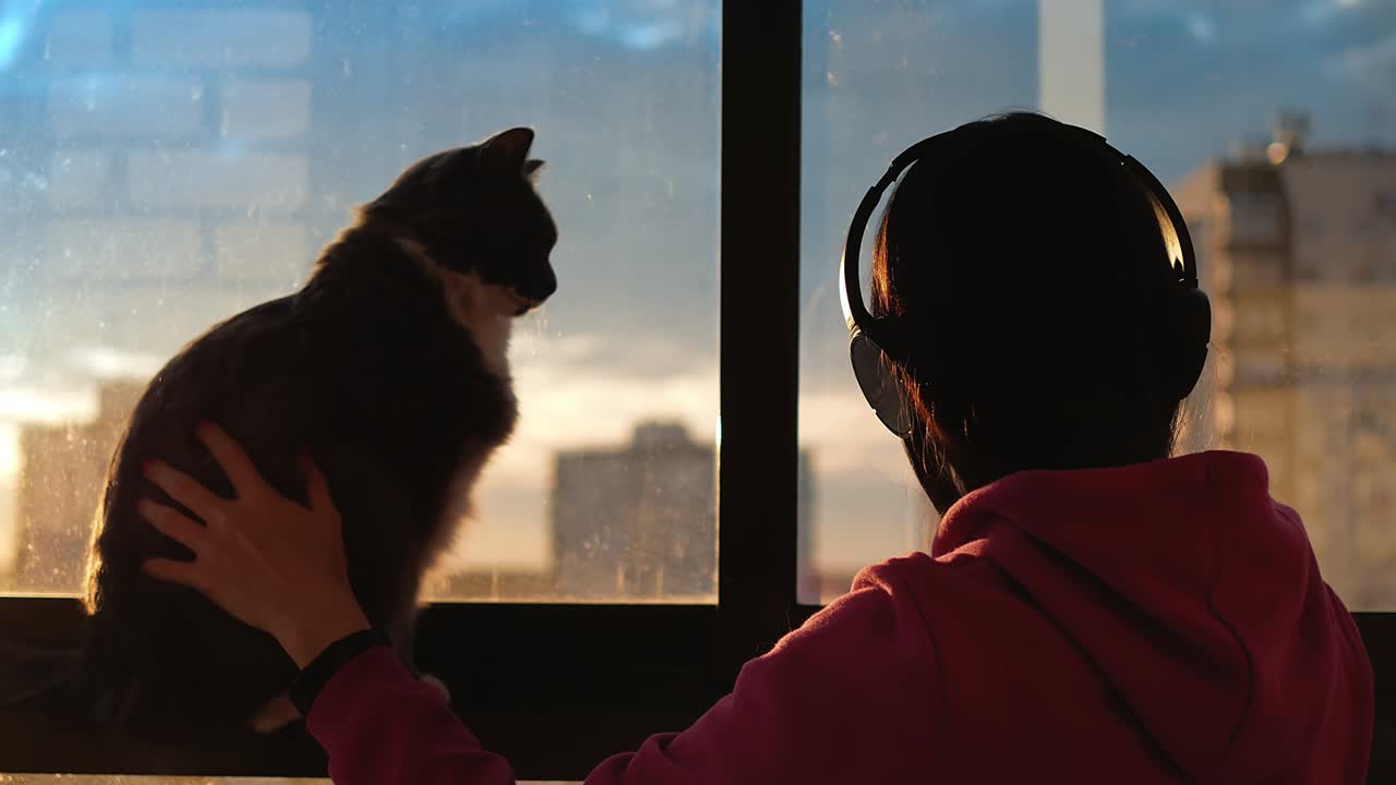 Attractive young woman uses mobile phone relaxing with her lovely cat at window with blurred city background at sunset