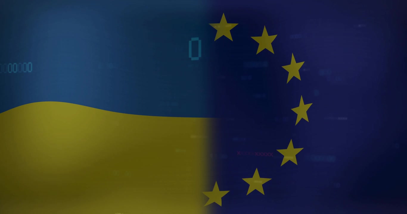 Transizione sfumata che avvia la fusione delle bandiere ucraina e dell'UE mentre i codici scorrono mostrando unità.