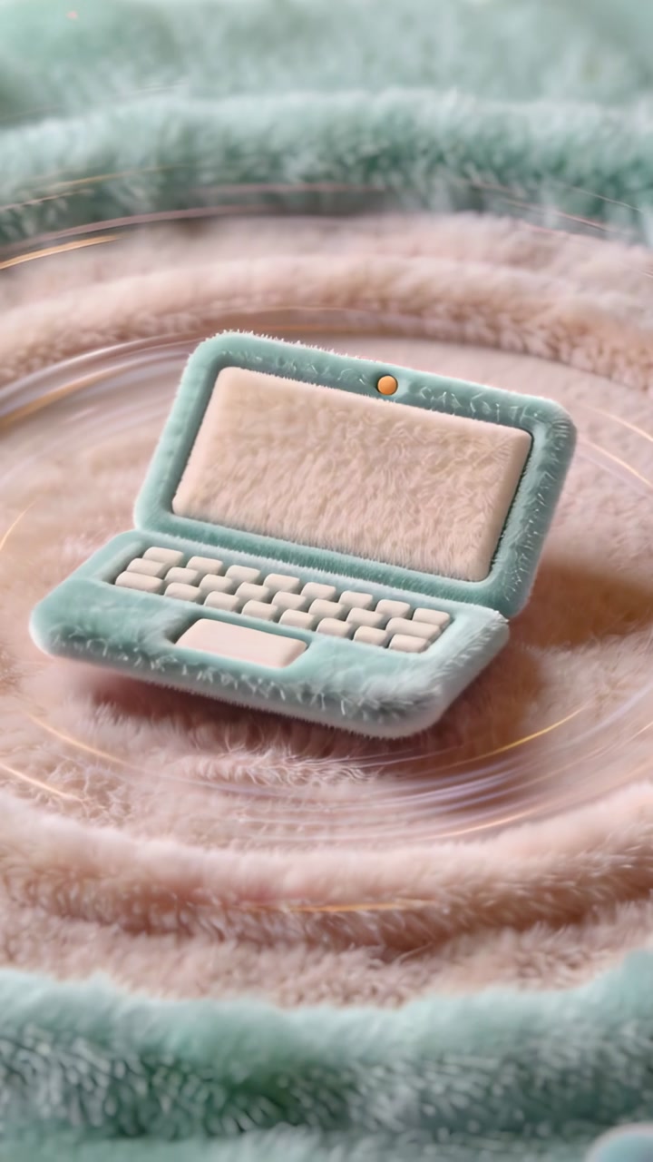 Plush teal laptop sitting on dish, camera panning rotating showing keyboard gold accent for design