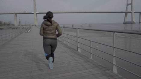 back view of young woman running on wooden pier