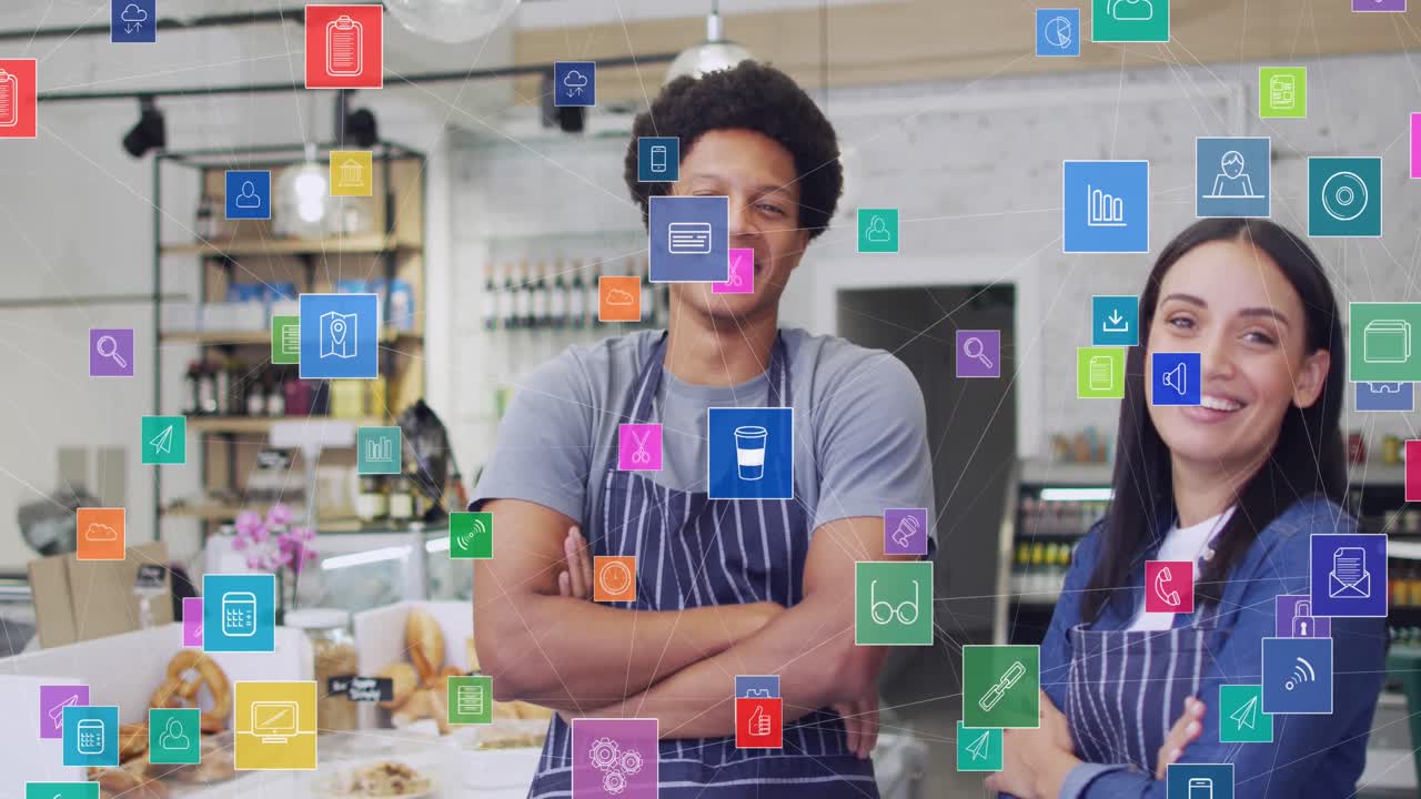 Animation of icons and data processing over diverse people working in shop