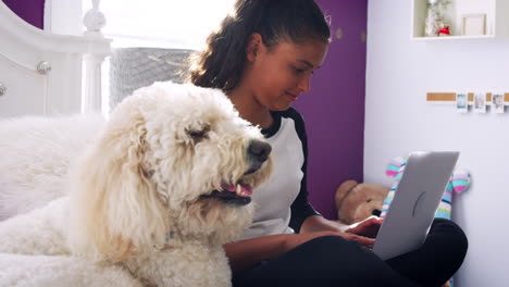joven adolescente usando una computadora portátil en su cama, perro mascota a su lado