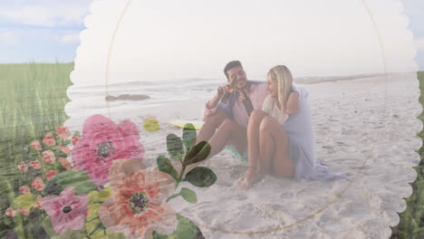 animation of diverse couple embracing on beach over flowers