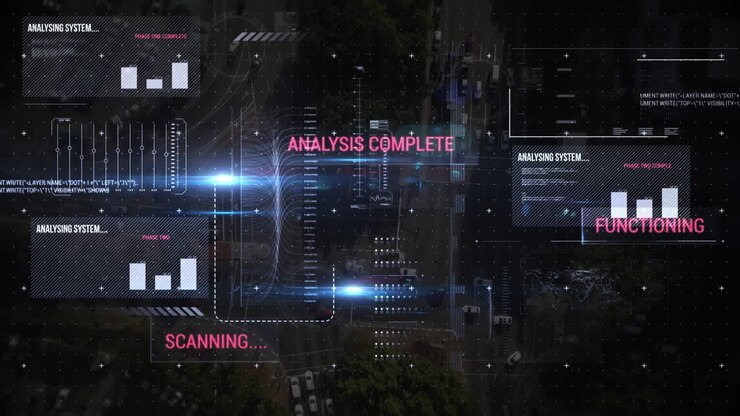 Animation of statistics and data processing over cityscape