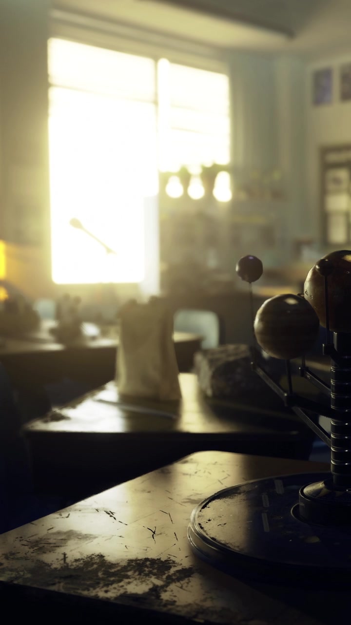 Aula de ciencias con maquetas y luz solar al mediodía en la escuela.