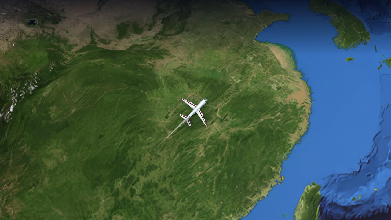 Un aereo commerciale vola attraverso una mappa satellitare dal Sud-est asiatico all'America occidentale.