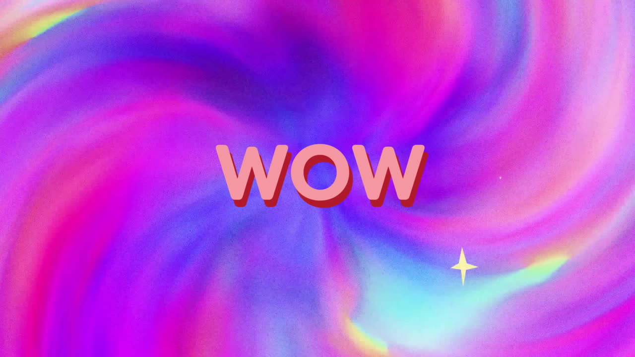 스타 스파클러와 함께 다채로운 회전 애니메이션 위에 와우 텍스트
