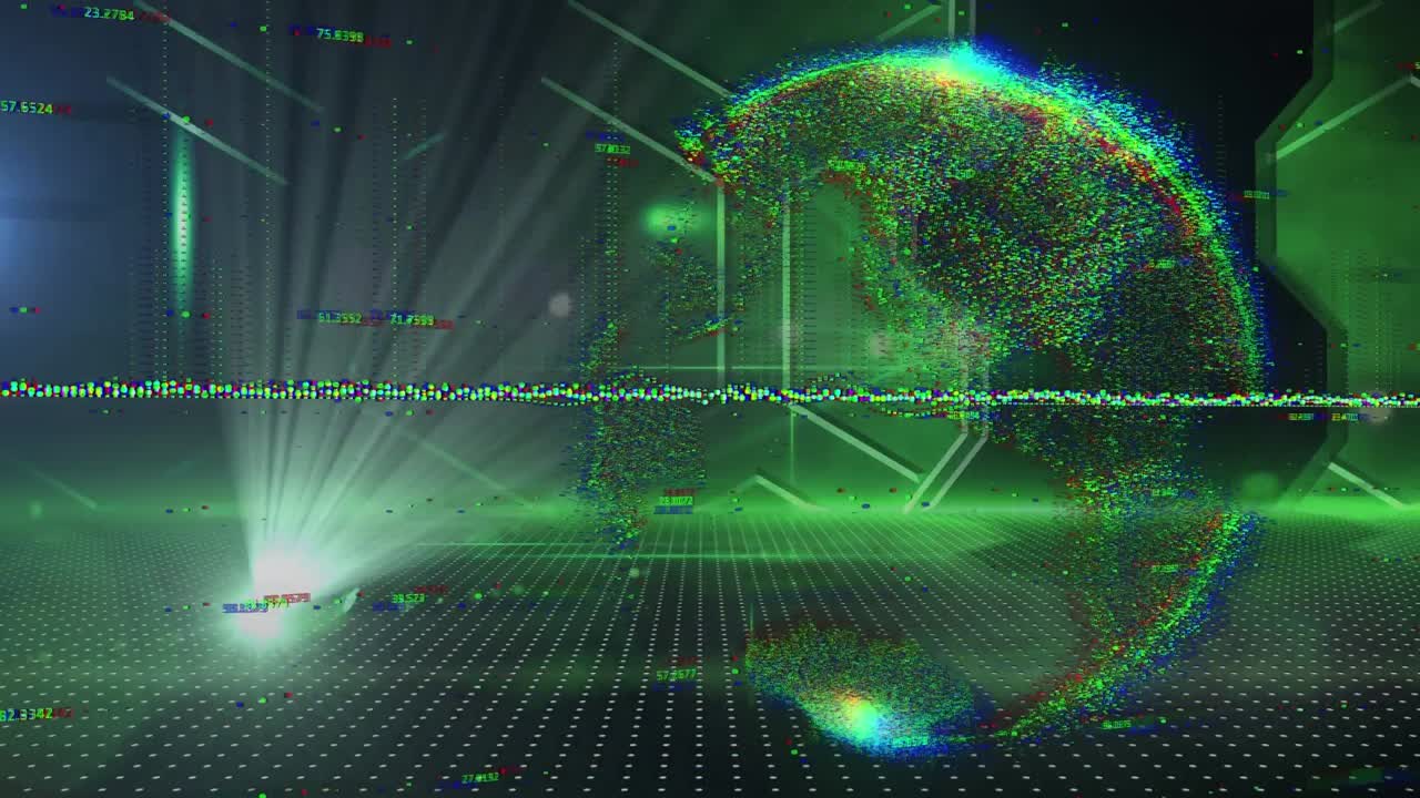 Data processing and spot of light over spinning globe against green background