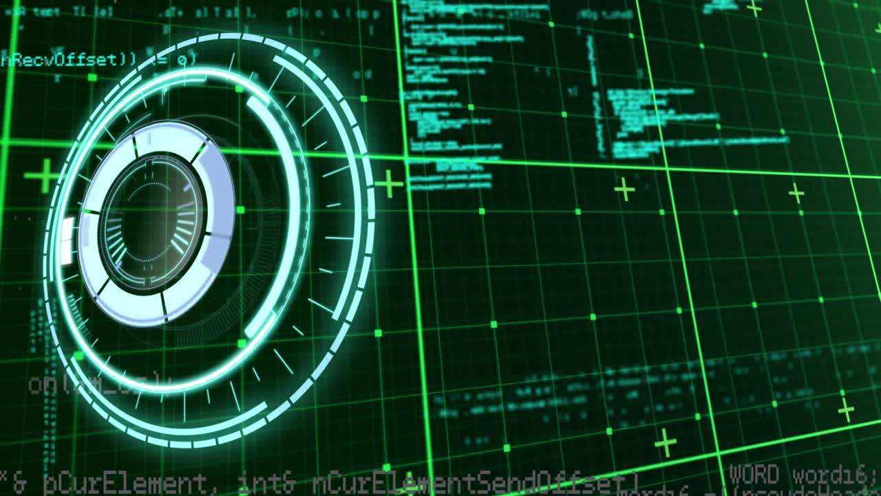 animación del escáner redondo de neón y procesamiento de datos a través de la red de red contra un fondo verde