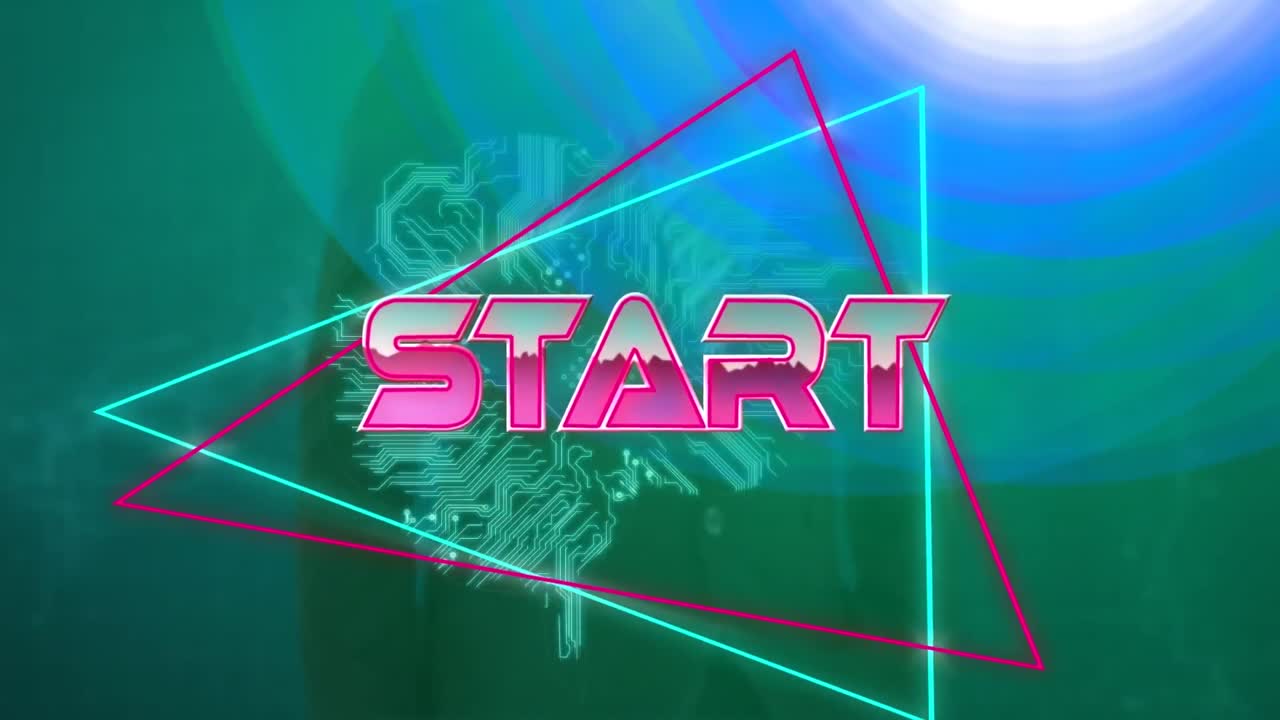 animación del inicio del texto metálico rosa, sobre líneas de neón, con un hombre de negocios usando la interfaz