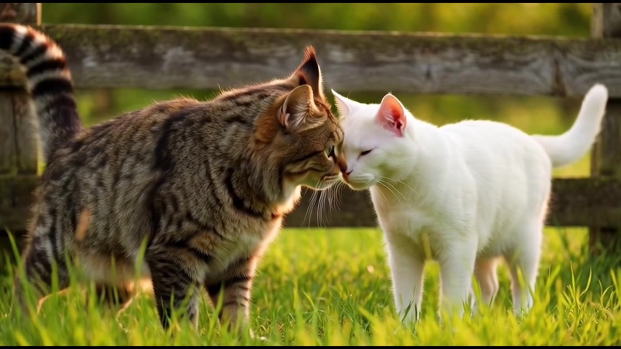 Gatti tigrati e bianchi che si toccano il naso in un campo erboso