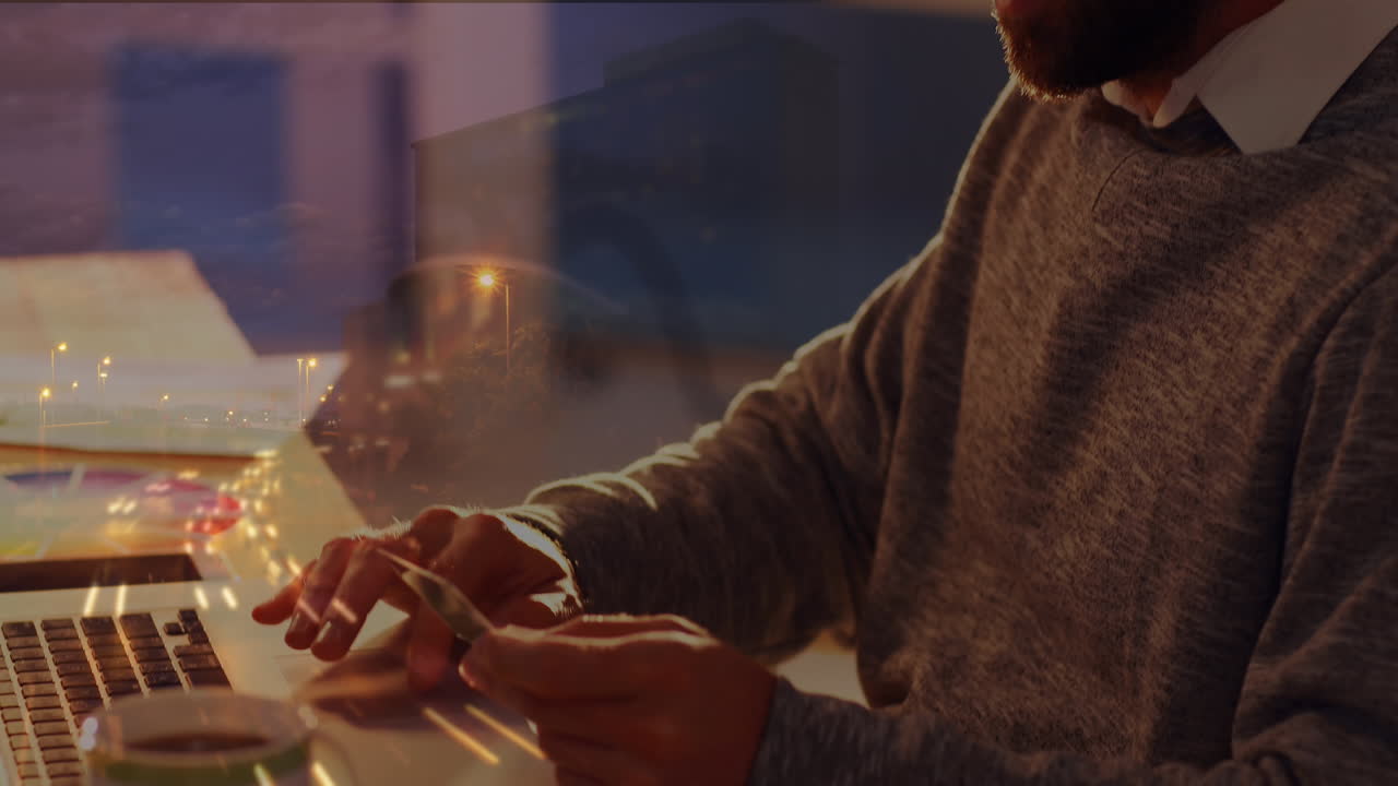 도시 풍경 위의 사무실에 있는 백인 사업가의 애니메이션