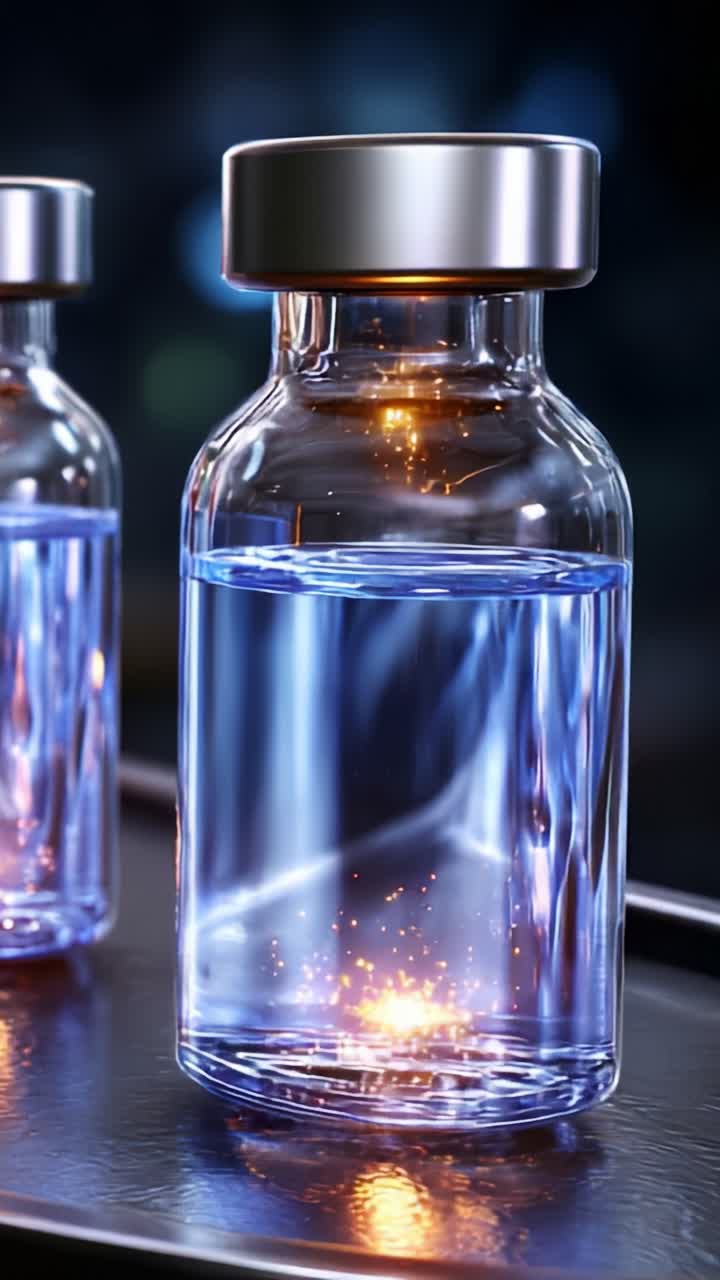 Shimmering Glass Bottles with Blue Liquid Illuminated by Sparks in a Scientific Setting, Capturing the Intricacies of Chemistry and Innovation in a Modern Laboratory