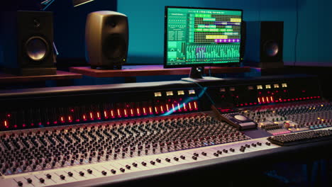 empty professional studio with control desk mixer and audio recording software