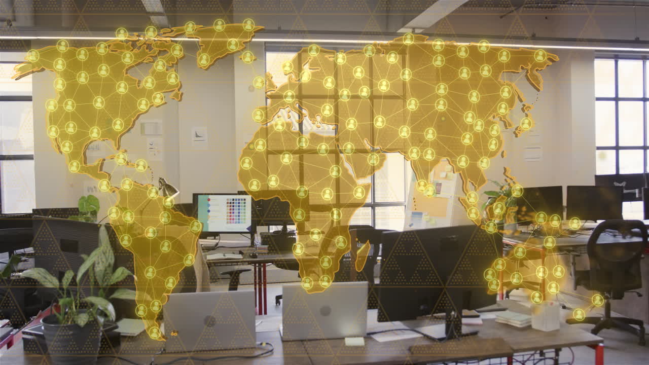 анимация карты мира с иконами людей и обработка цифровых данных в офисе