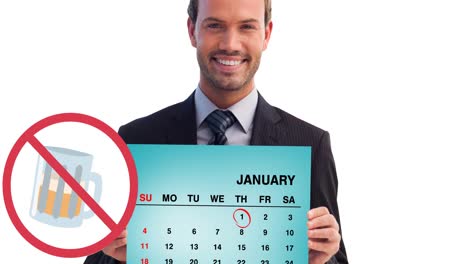 Animation-of-stop-sign-and-beer-mug,-over-smiling-caucasian-businessman-holding-january-calendar