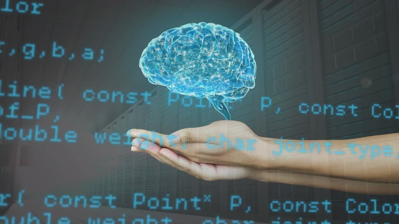 Animation of data processing and human brain on hand over dark background