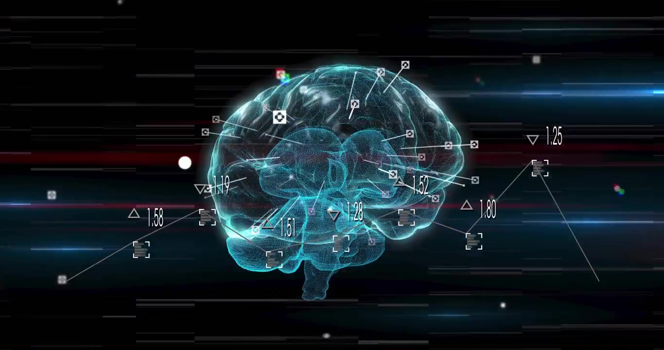 Cyan 3D hologram brain appearing then rotating while markers and labels animating for data analysis