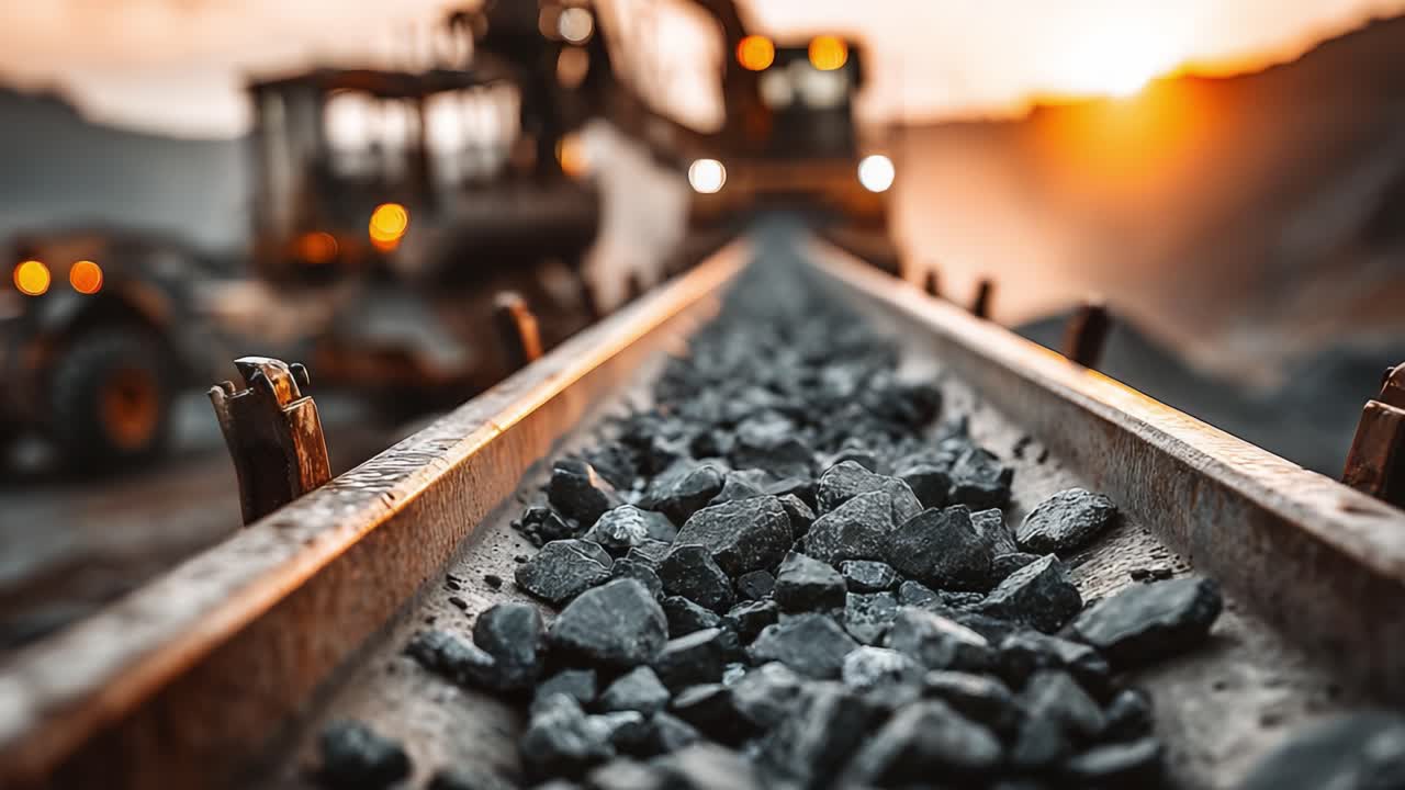 A Captivating Evening at the Quarry: Piles of Coal and Heavy Machinery Awaiting the Next Job as the Sun Sets on the Horizon, Illuminating the Rocky Landscape and Track