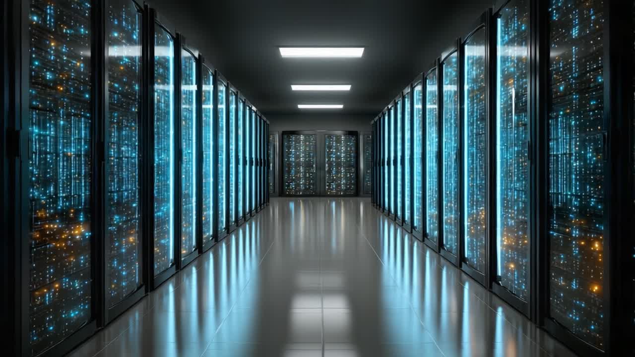 A High-Tech Data Center Corridor Featuring Rows of Illuminated Server Racks, Showcasing a Network of Blue and Orange Lights with a Sleek, Modern Design