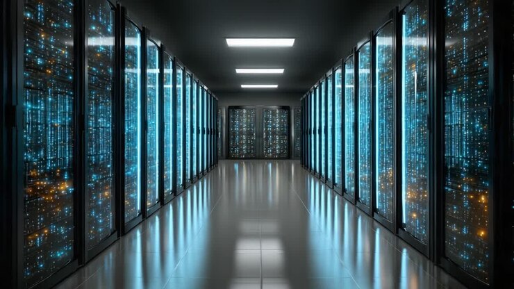 A High-Tech Data Center Corridor Featuring Rows of Illuminated Server Racks, Showcasing a Network of Blue and Orange Lights with a Sleek, Modern Design