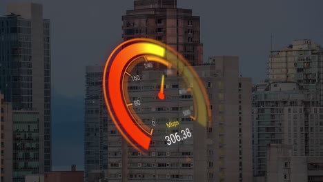 animation of orange speedometer over cityscape