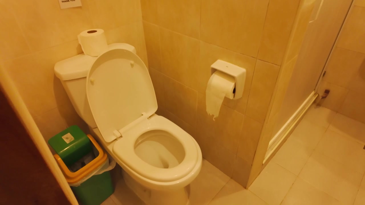 Kompaktní interiér toalety s moderním sprchovým koutem a hygienickým zařízením.