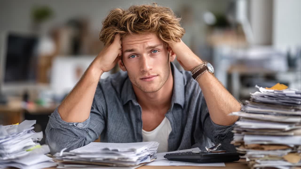A Young Man in an Office Environment Appears Overwhelmed and Stressed Amidst a Mountain of Disorganized Papers and Tasks, Capturing the Essence of Modern Work Pressure