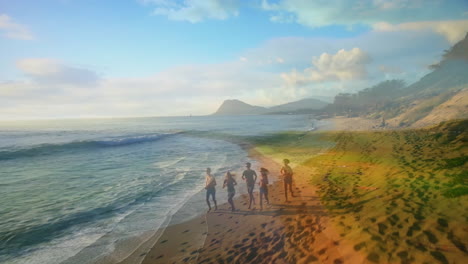 running along scenic beach, people with waves and mountains in background animation