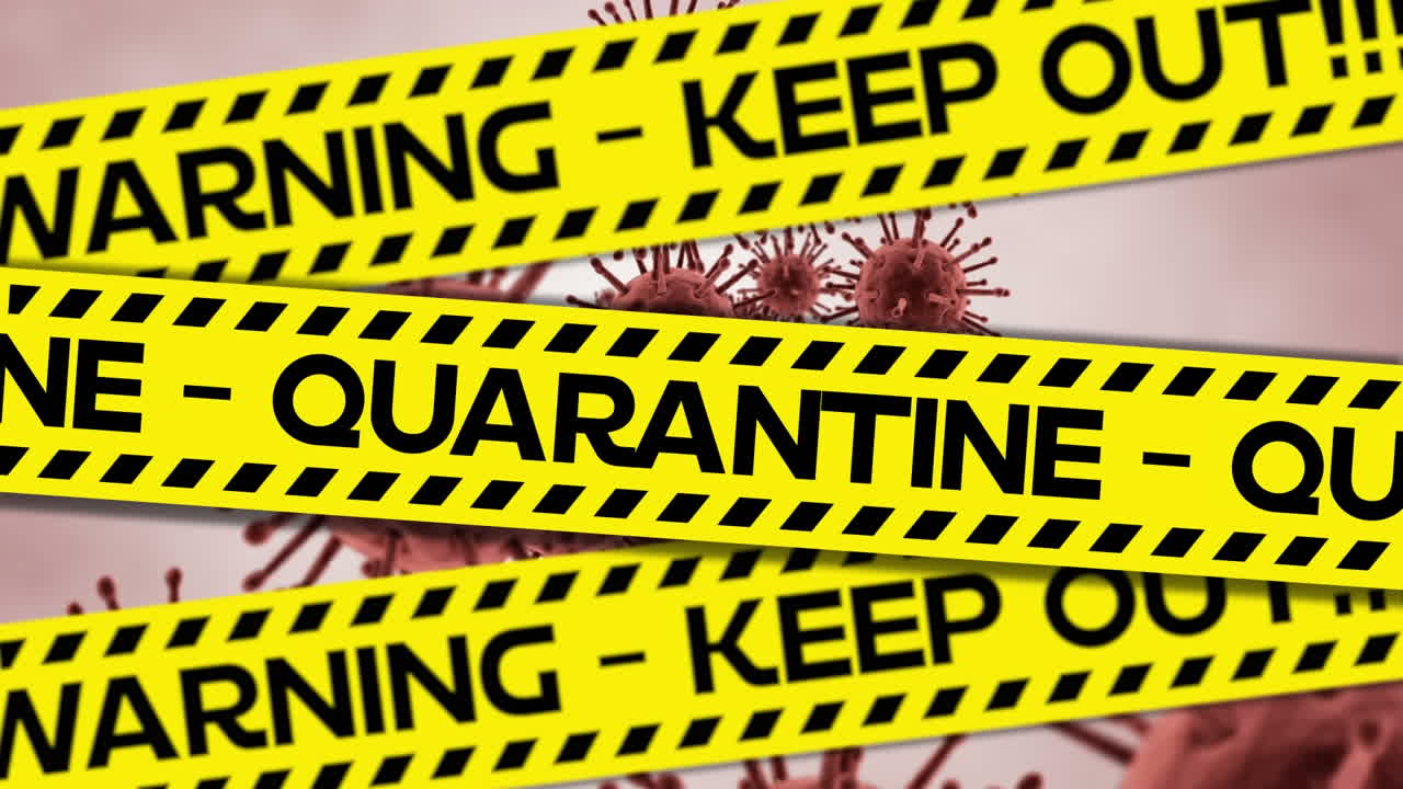 코로나19 세포에 대한 경고와 격리 텍스트가 있는 노란색 경찰 테이프