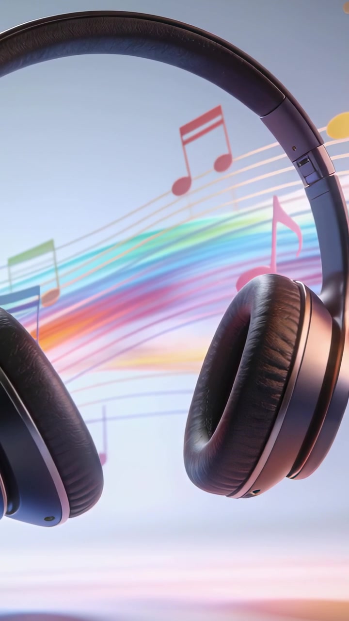 Vertikal video: Over-ear hovedtelefoner viser lydbånd og noder på studiegradient.
