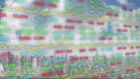 animation of moving financial data processing over cityscape