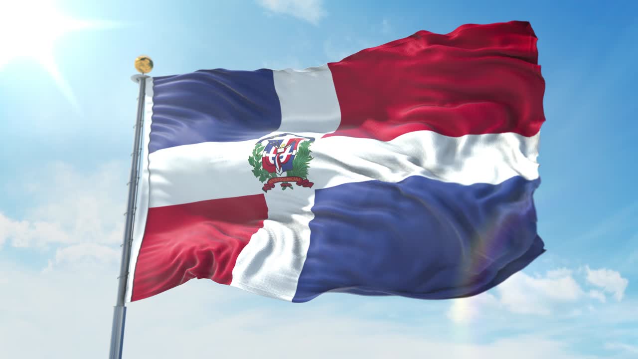 Bandeira da República Dominicana tremulando ao vento contra o céu azul profundo. Tema nacional, conceito internacional. Renderização 3D, Loop Contínuo 4K.