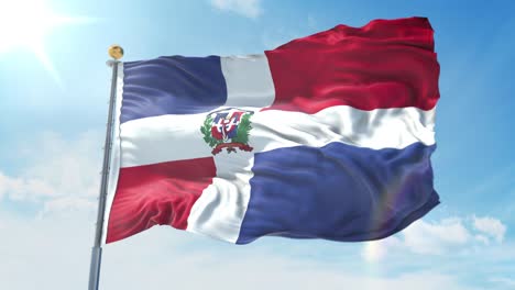 la bandera de la república dominicana ondeando en el viento contra el cielo azul profundo. tema nacional, concepto internacional. renderizado en 3d en bucle sin costuras 4k