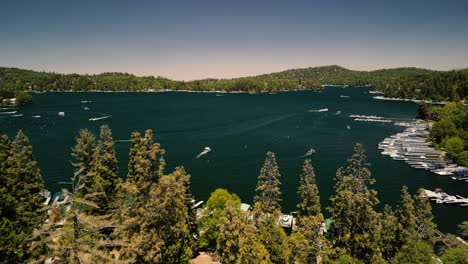 stunning birds-eye-view gliding over tall pine trees towards lake arrowhead